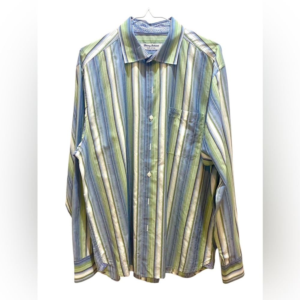 Tommy Bahama Button Up Long Sleeve Shirt Med Blue Green Striped 100% Pima Cotton